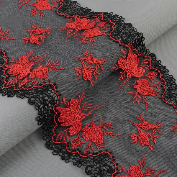 Кружево на сетке широкое 200 мм / 15±0.2 м, Турция, красный, Gamma GCKM-200-01