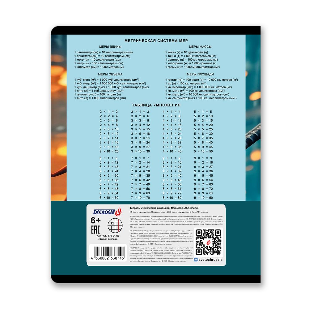 Тетрадь ученическая школьная A5 12 л. на скобе 65 г/м², белизна 100% 25 шт клетка, 01396 Самый смелый, Светоч Т74