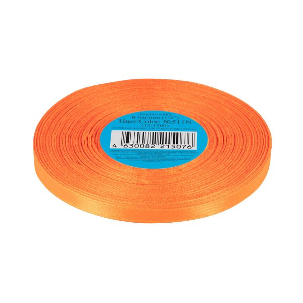 Лента атласная 1-сторонняя 6.0 мм / 33±2 метра, №511N(15-1360) оранжевый(неон), Gamma