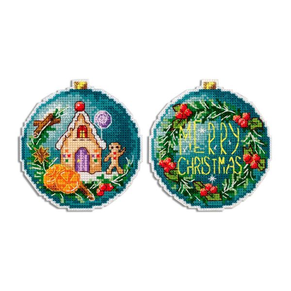 Набор для вышивания нитками МП Студия, елочный шар Пряничный домик 10х9см