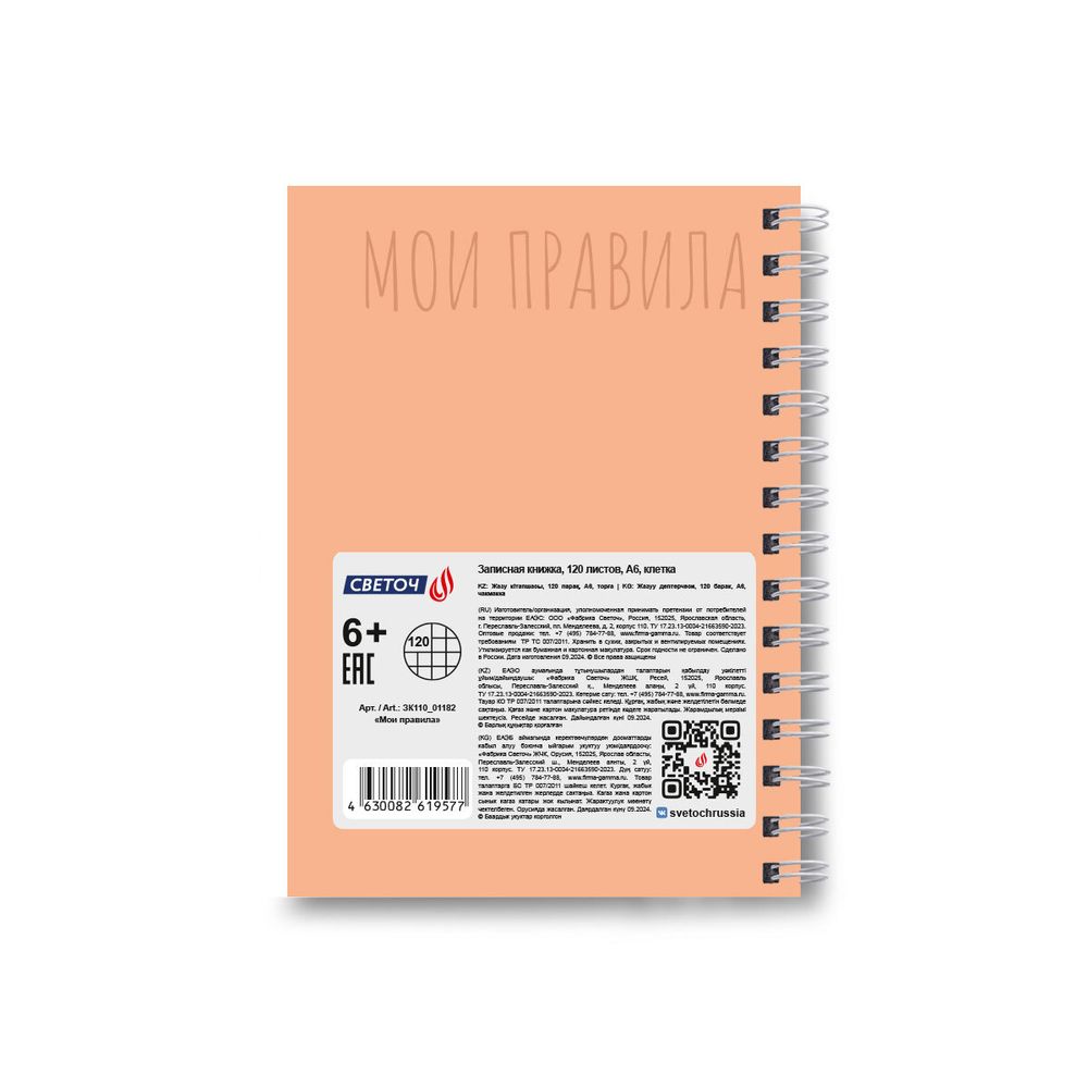 Записная книжка на гребне A6 120 л., 4 шт, клетка, Мои правила 01182, Светоч ЗК110