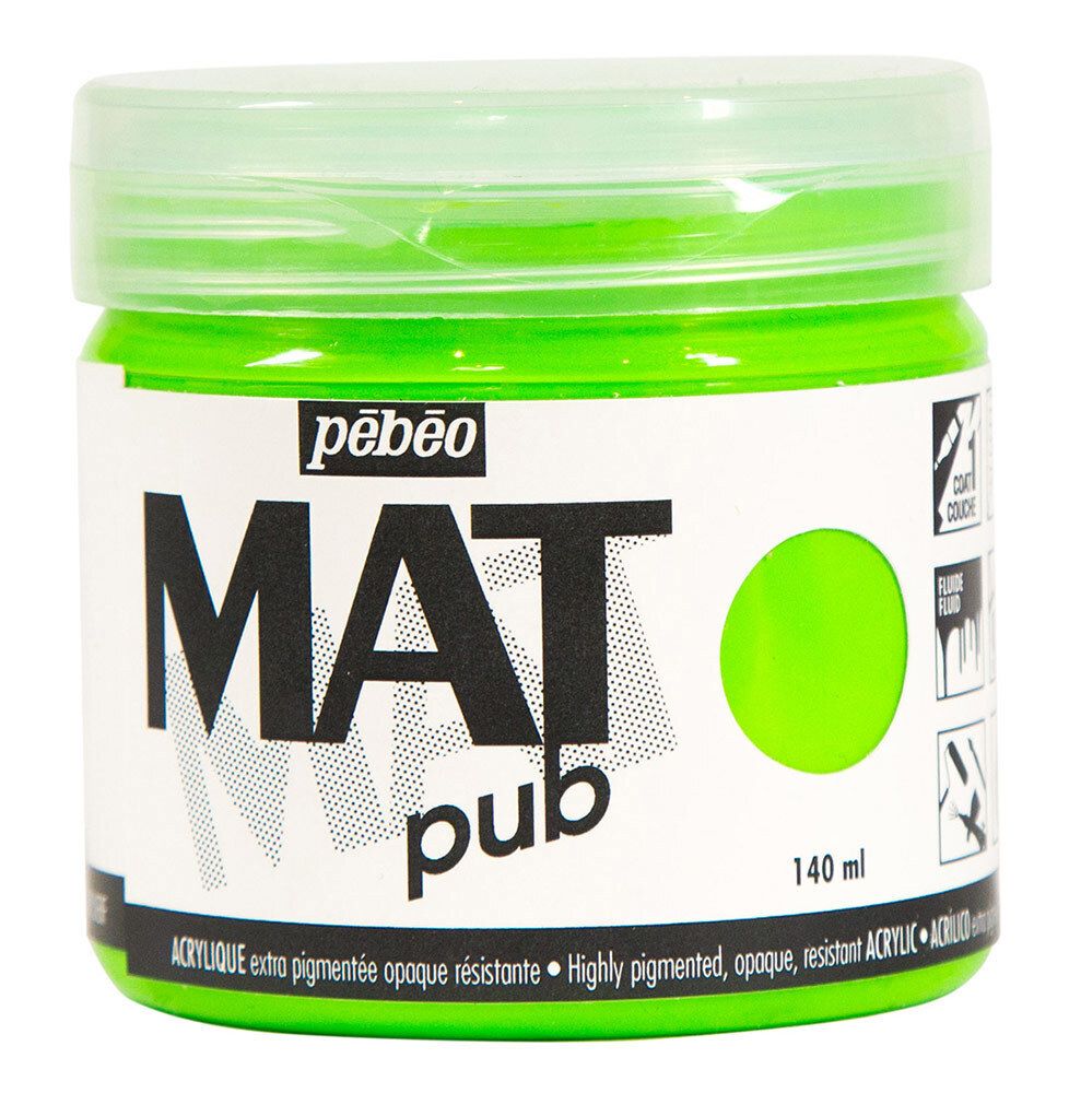 Краска акриловая экстра матовая Mat Pub 3, 140 мл, 256029 зеленый флуоресцентный, Pebeo