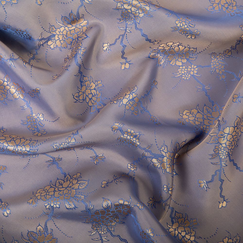 Ткань подкладочная (таффета) с рисунком 96 г/м², 100х145 см, 045 голубой с золотыми цветами, Gamma JTR
