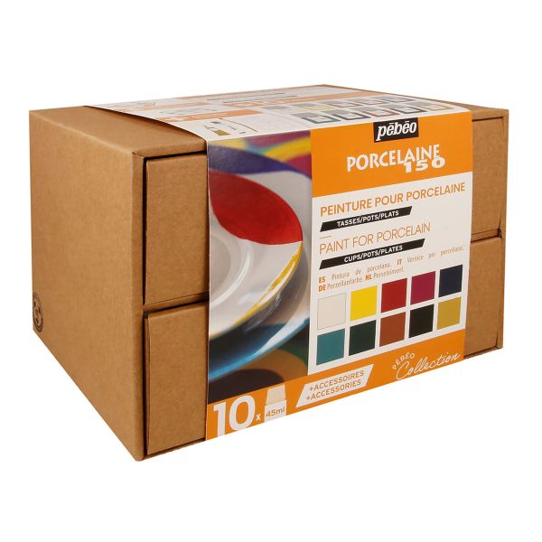 Набор красок Porcelaine 150 Коллекция по фарфору и керамике под обжиг с аксессуарами 10 цв. 45 мл, 758471, Pebeo