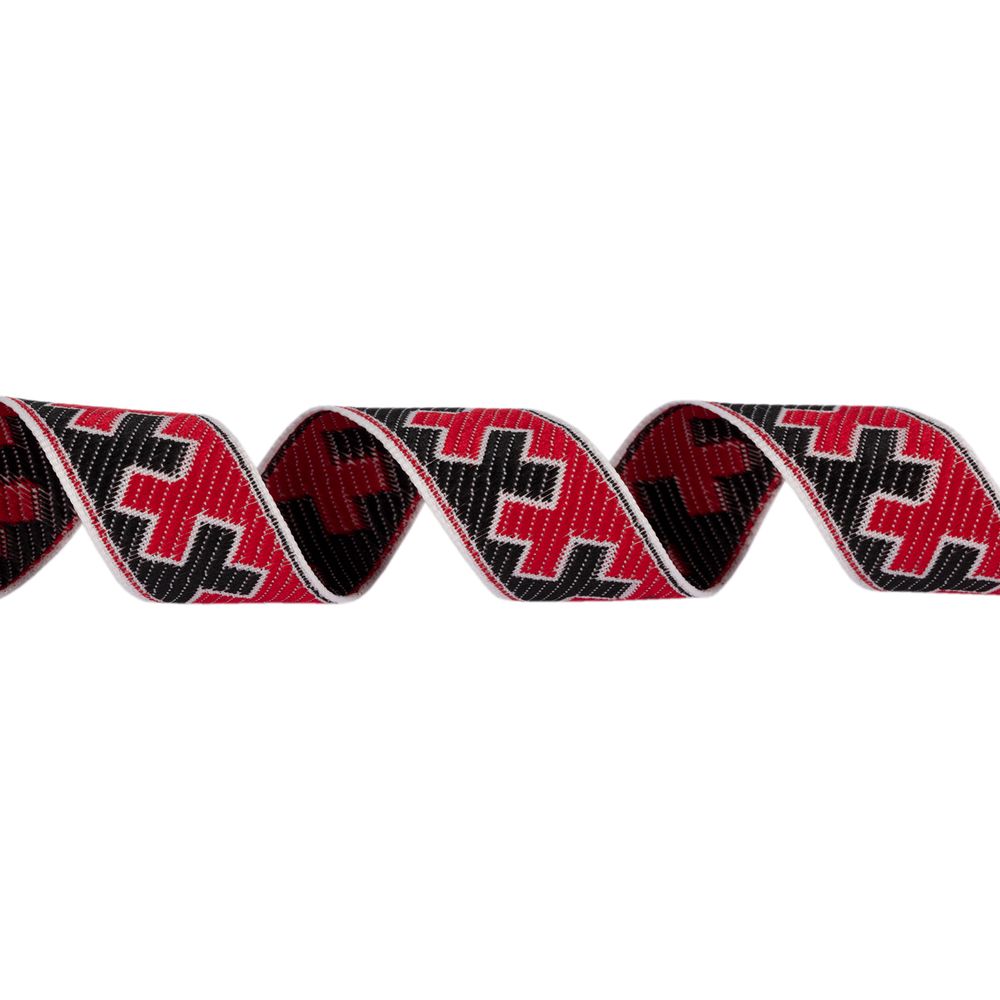 Лента (тесьма) жаккардовая 24.0 мм / 25±1 метров, рис.9591, Орнаменты и узоры народов севера, белый-красный-черный, Gamma С3772Г17 рис.9591