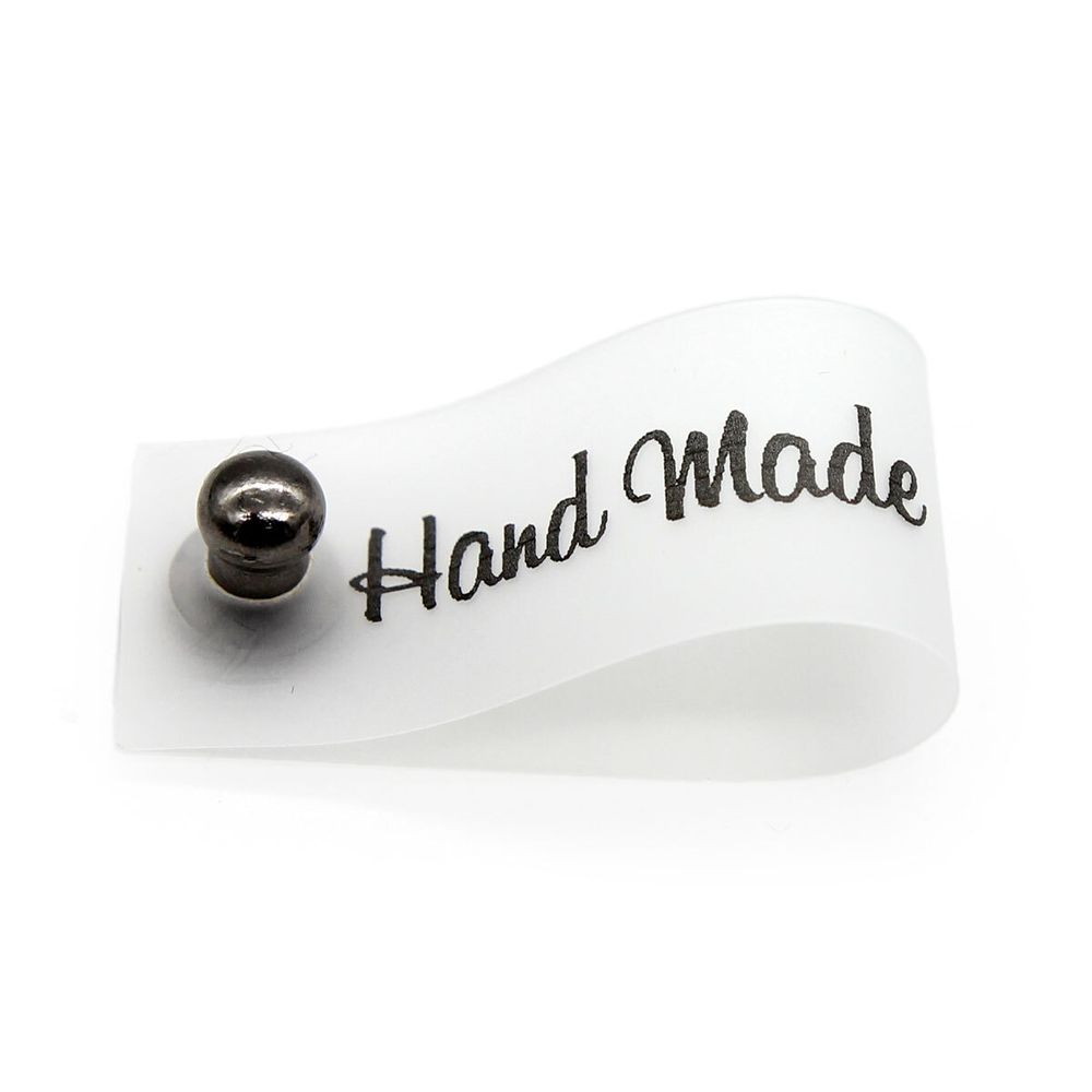 Силиконовая бирка Hand Made с кнопкой черная печать 1,5х7см, уп.4 шт
