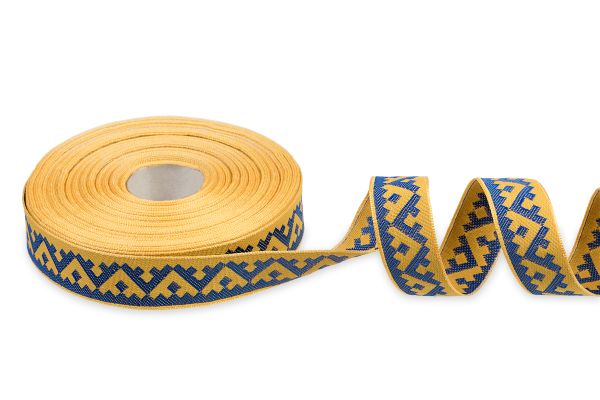 Лента (тесьма) жаккардовая 24.0 мм / 25±1 метров, Орнамент северных народов рис 8621желто-синий (7), Gamma С3772