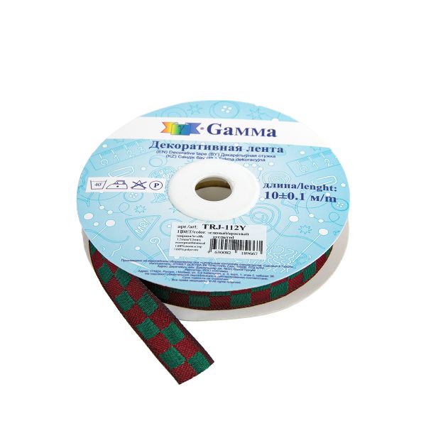 Лента (тесьма) жаккардовая 12.0 мм / 10±0.5 метров, зеленый/красный, Gamma TRJ-112Y