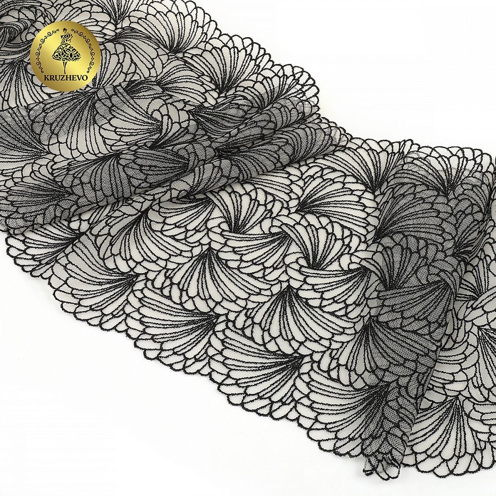 Кружево на сетке (вышитое) 225 мм, T93, цв.айвори+черный, 6м, Kruzhevo