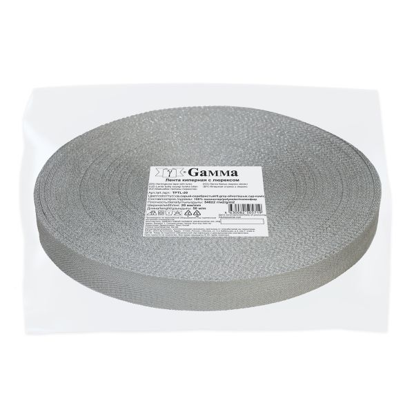Тесьма (лента) киперная п/э с люрексом 20 мм / 50 метров, св.серый-серебристый/lt.grey-silver, Gamma TPTL-20