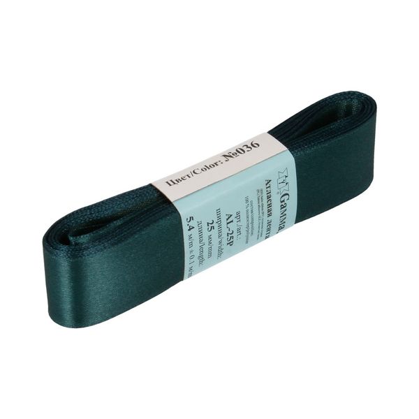 Лента атласная 1-сторонняя 25.0 мм / 5 шт по 5.4 метра, №036 т-изумрудный, Gamma AL-25P