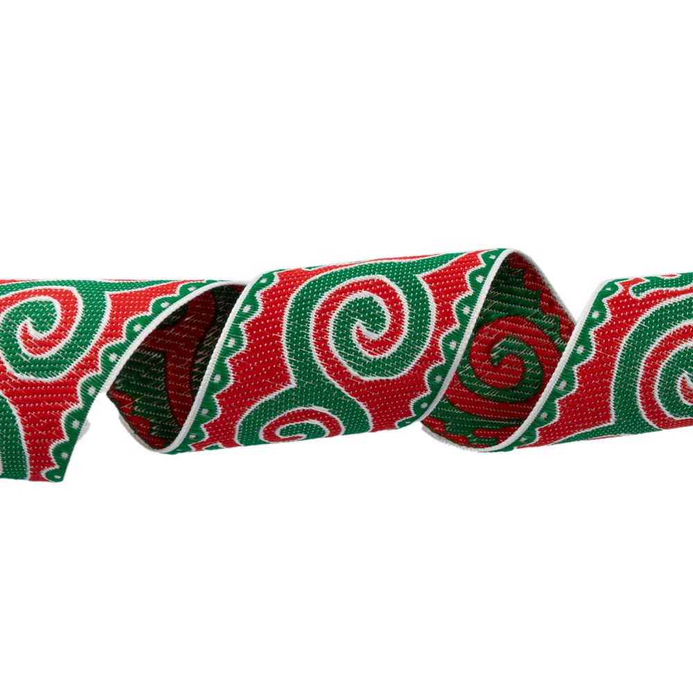 Лента (тесьма) жаккардовая 50.0 мм / 25 метров, Орнамент для северных народов, рис 9605 белый/зеленый/красный, Gamma С3775