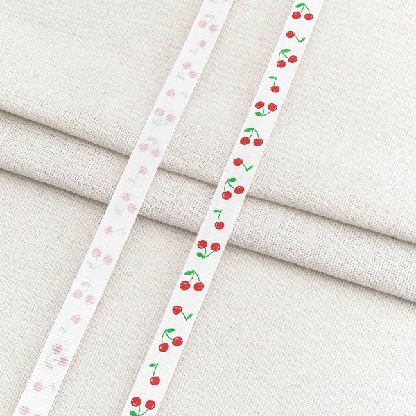 Лента репсовая (в рубчик) с принтом 10.0 мм / 45.72 метра, Вишенки 1012 белый