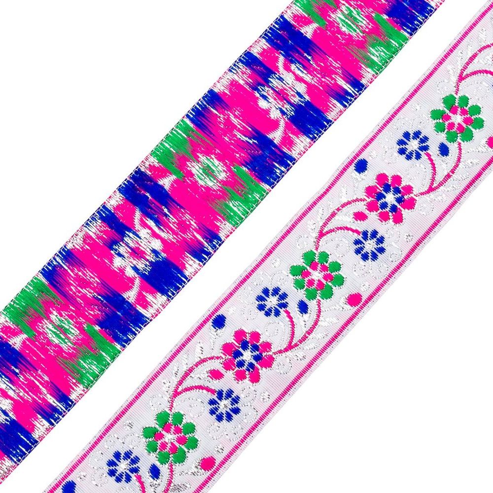 Лента (тесьма) жаккардовая 33.0 мм / 7 метров, белый с цветами, 11823