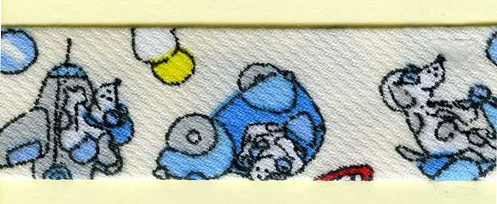 Бейка косая хлопковая с п/э с детским принтом 18 мм, молочно-белый с голубым, 25 метров, Matsa
