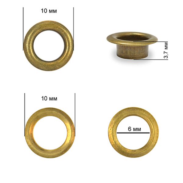 Люверсы металл ⌀_6.0 мм (внутр.), внешн. ⌀10.0 мм (внутр.), h3.7 мм (внутр.), №4, сталь, цв. антик, 1000 шт, TBY