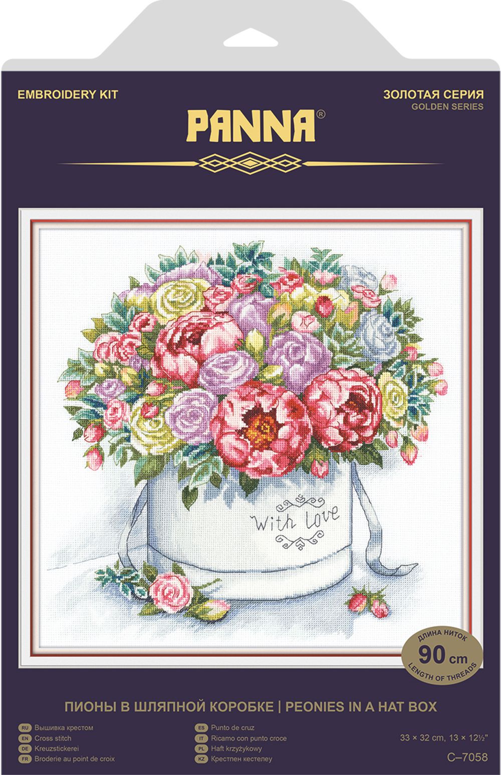 Набор для вышивания нитками Panna, Золотая серия, Пионы в шляпной коробке, 33х32 см