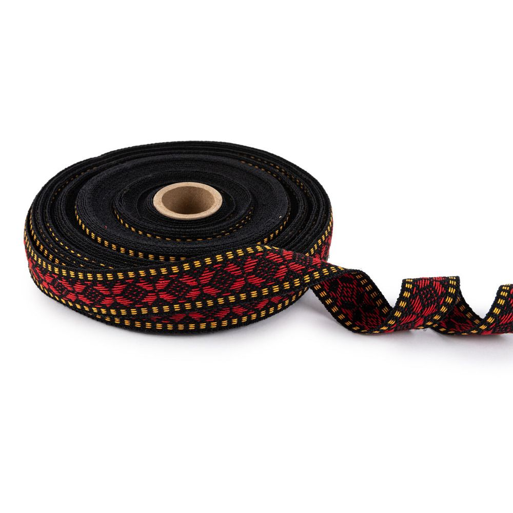 Лента (тесьма) жаккардовая 24.0 мм / 25±1 метров, Орнамент для северных народов, рис 9867 №5 черн/красн/желтый, Gamma C3885