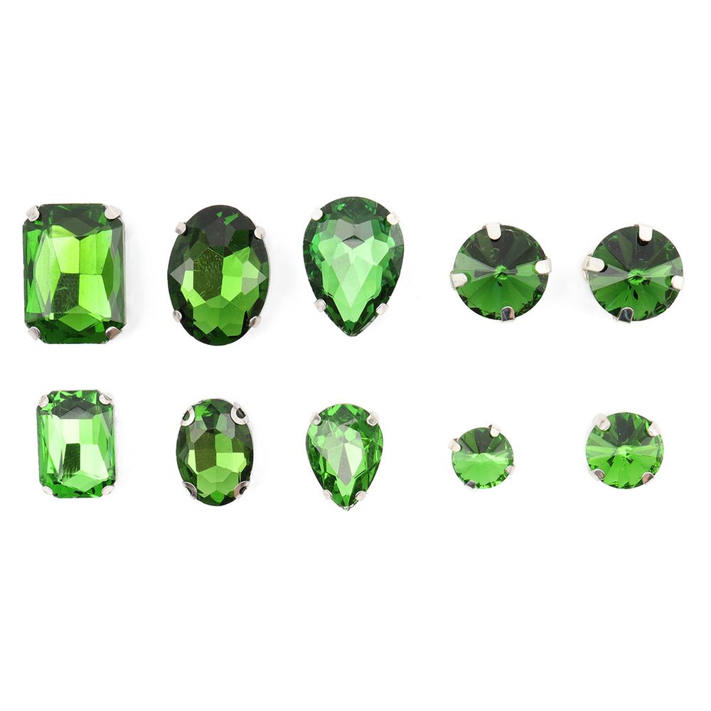 Стразы хрусталь в металлических цапах, форма страз: микс, зеленый, 10 шт, МФ-8