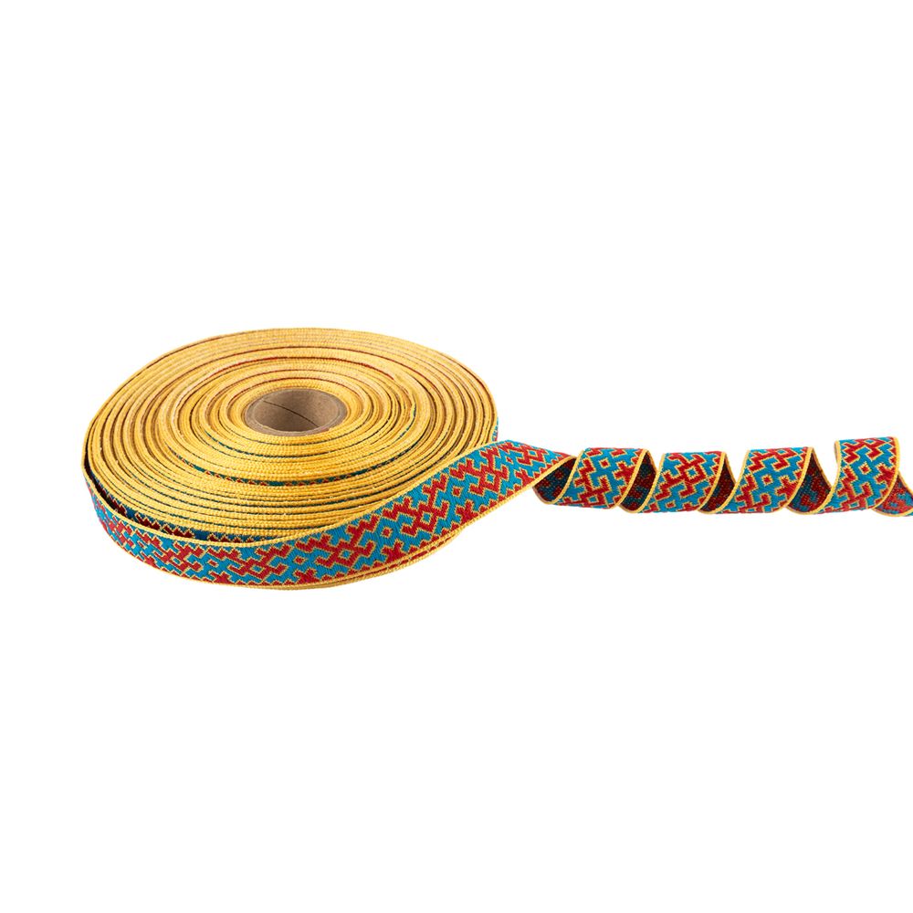 Лента (тесьма) жаккардовая 18.0 мм / 25 метров, Орнамент для северных народов, рис 9692 желтый/бирюзовый/красный (№8), Gamma С3771