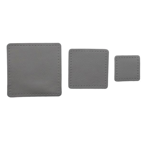 Набор заплаток пришивных из кожи, квадрат 4см, 6см и 8см, с перфорацией, 3 шт, 100% кожа (07 серый), 9402