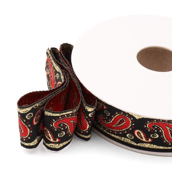 Лента (тесьма) жаккардовая 22.0 мм / 10±0.5 метров, Пейсли, 22807 черный/красный/золото