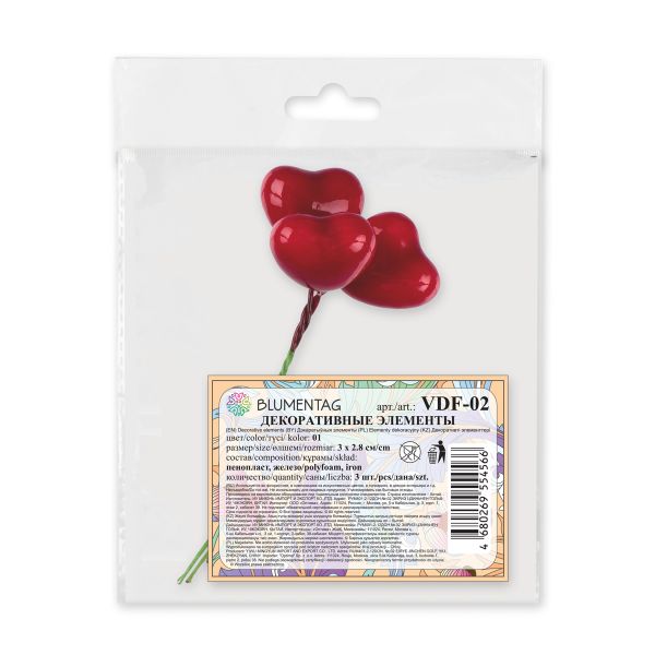 Декоративные элементы 6х3 шт, 01 сердце, Blumentag VDF-02