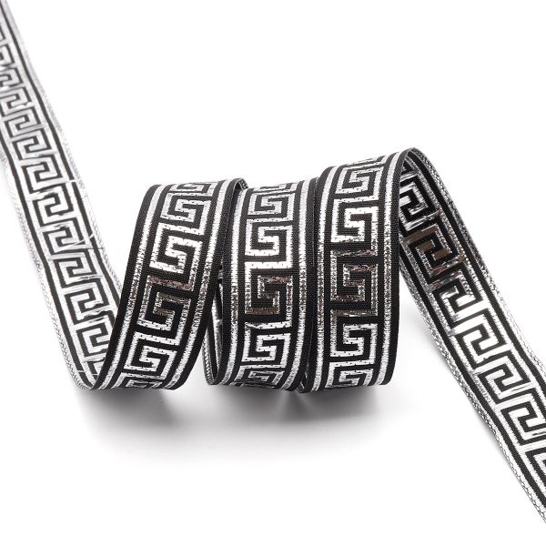 Лента (тесьма) жаккардовая 15.0 мм / 25±1 метров, (черный/серебро), Меандр