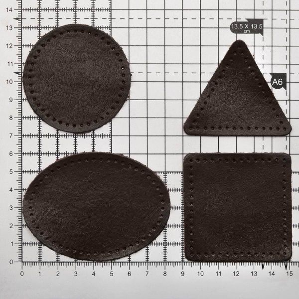 Набор заплаток пришивных из кожи, круг, квадрат, треугольник, овал 6см, с перфорацией, 4 шт (03 темно-коричневый), 9723