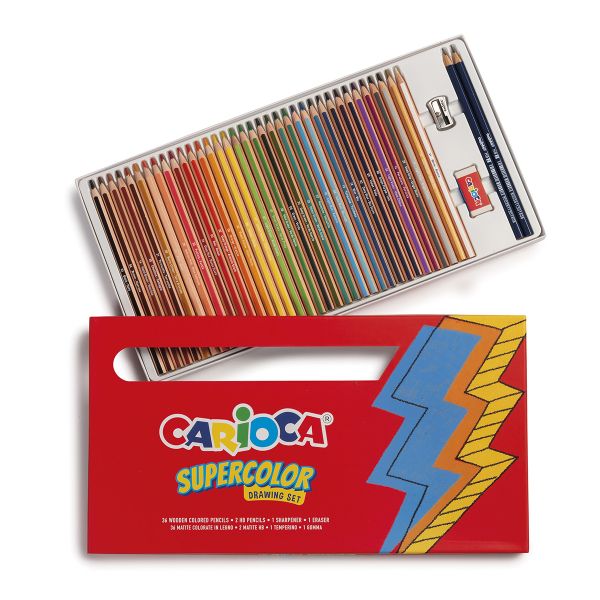 Набор карандаши цветные деревянные заточенные 36 цв, ластик, точилка и 2 чернографитных карандаша (в картонной упаковке), Carioca 43395