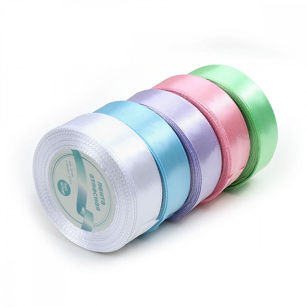 Лента атласная 1-сторонняя 25.0 мм / 5 шт по 22.5±1 метра, набор Пастель2, Magic4Hobby