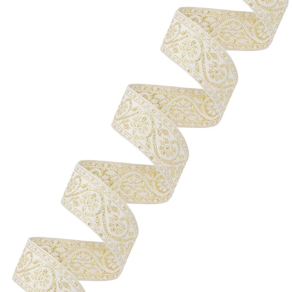 Лента (тесьма) жаккардовая 32.0 мм / 25±1 метров, с метанитом рис. 9819, белый/золото, С3104Г17