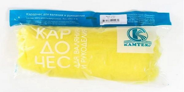 Шерсть для валяния Камтекс кардочес Мини 100% полутонкая шерсть 100 г, 029 яркий лимон