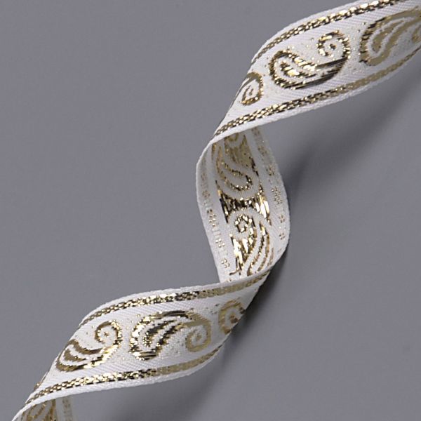 Тесьма декоративная металлизированная Пейсли 15 мм / 25 метров, 15006 белый/золото