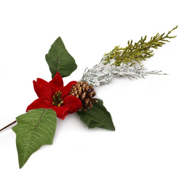 Ветка сосновая с ягодами и цветами пуансеттии, 32см
