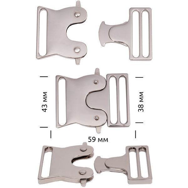 Фастекс (пряжка трезубец) металл 38 мм, 59x43 мм, никель, 6 шт