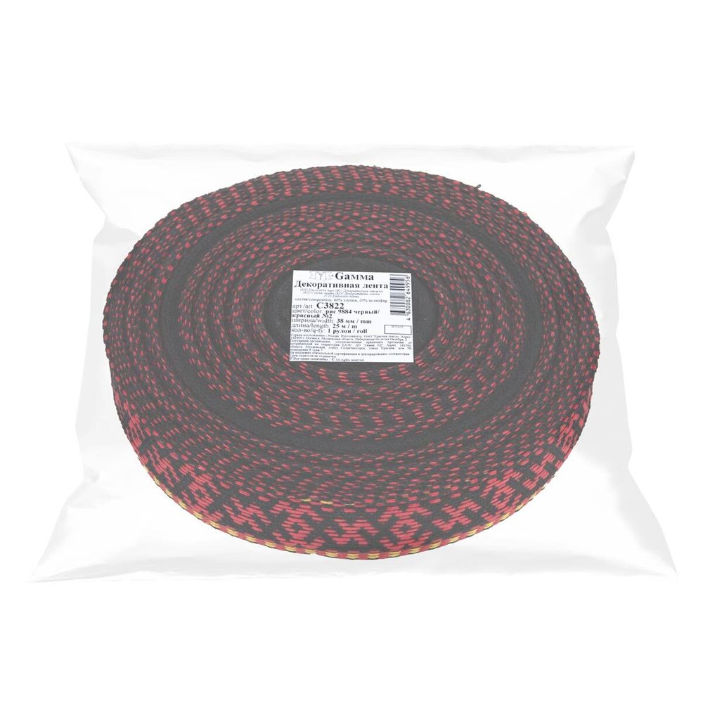 Лента (тесьма) жаккардовая 38.0 мм / 25±1 метров, для пояса, рис 9884 черный/красный №2, Gamma С3822
