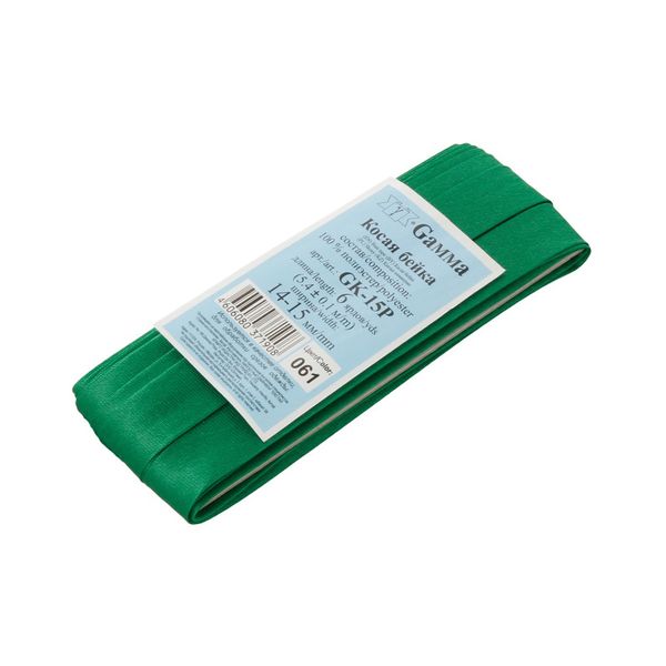 Косая бейка атласная 15 мм / 5 шт по 5.4 метра, №061 зелёный, Gamma GK-15P