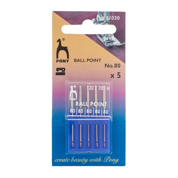 Иглы для швейных машин для трикотажа 130/705 H, №80 с плоской колбой, 5 шт, Pony, 51030