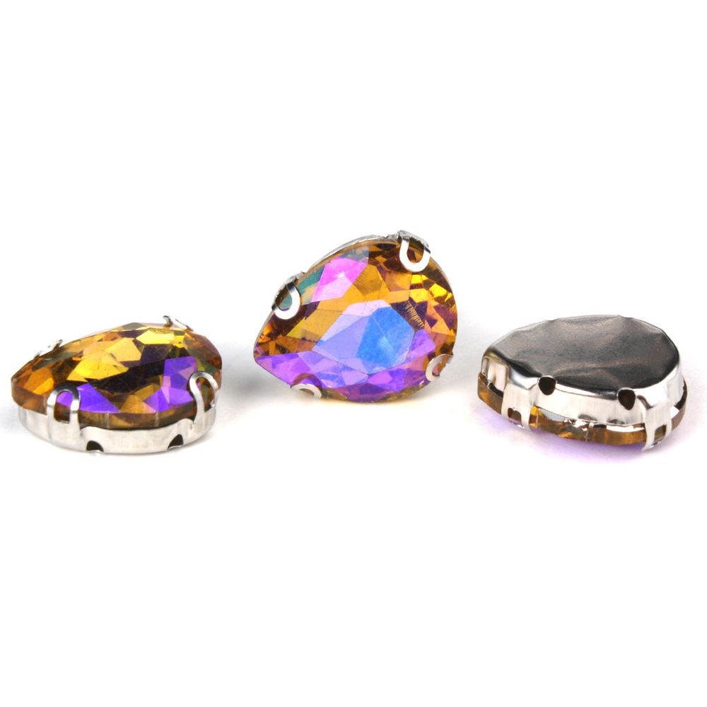 Хрустальные стразы в цапах формы капля, желтый с покрытием AB 13х18 мм, 3 шт., АЦ005НН1318