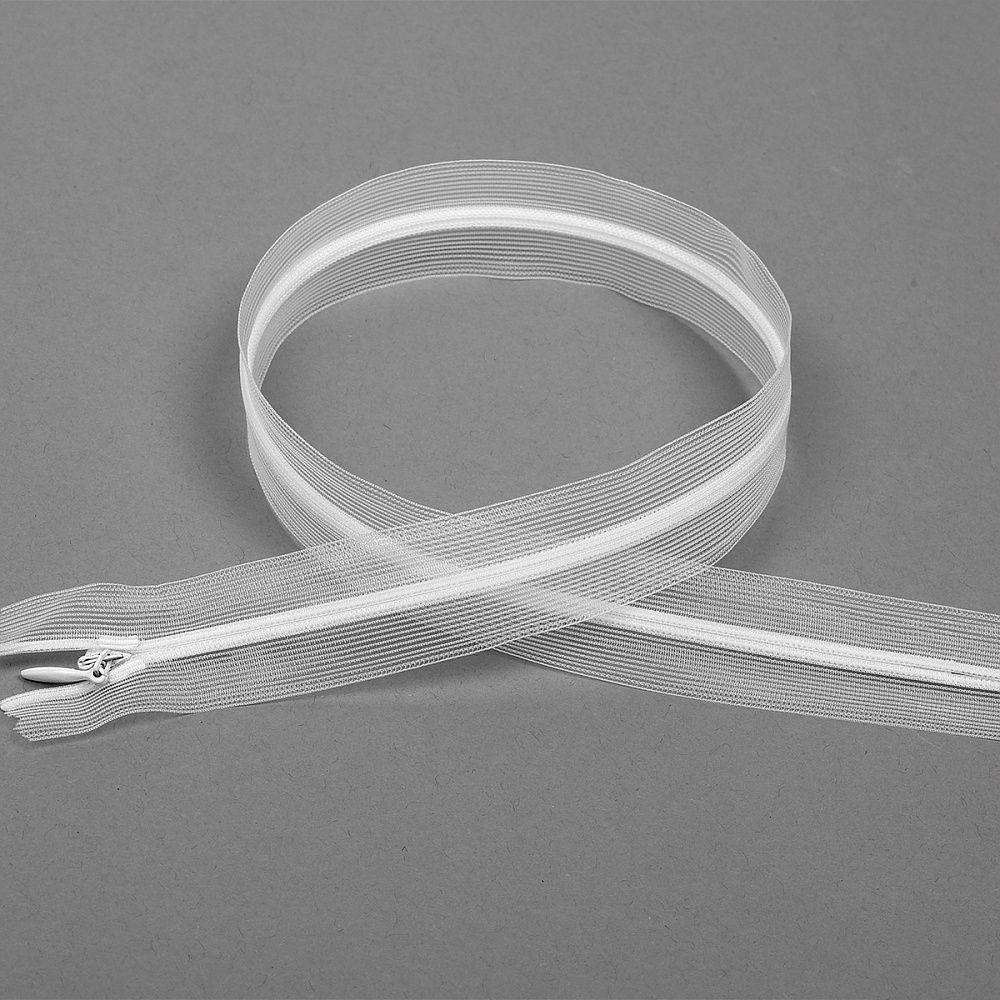 Молния потайная (скрытая) Т3 (3 мм) 1 зам., н/раз., 50 см, тесьма прозрачная, цв.F101 белый уп.50 шт Молния потайная (скрытая) Т3 (3 мм) 1 зам., н/раз., 50 см, тесьма прозрачная, цв.F101 белый уп.50 шт