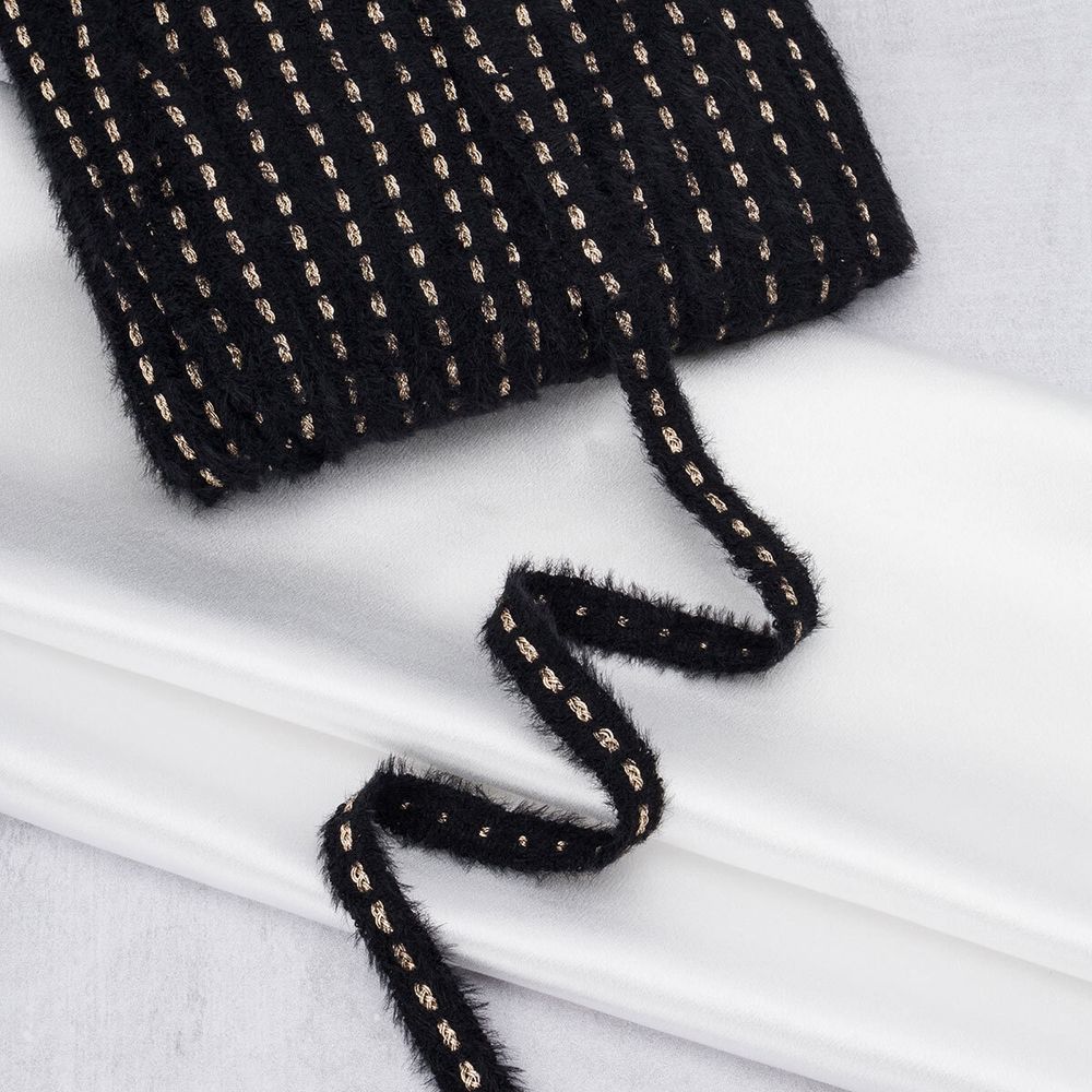 Тесьма отделочная твидовая 20 мм / 82.29 метра, пушистая с люрексом, черный, 3Al287