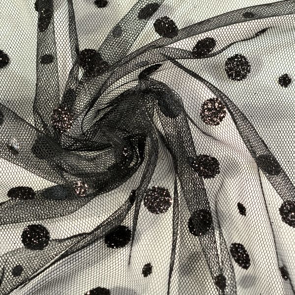 Фатин в горошек (флок) 150 см / 15-28 метров, 1712, цв.черный