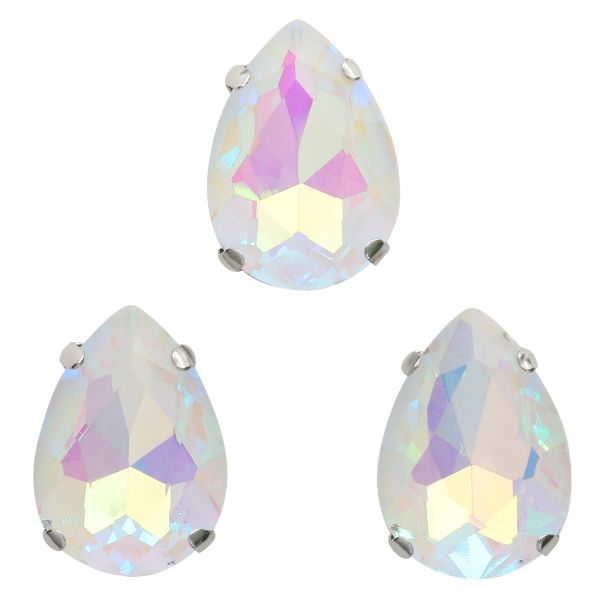 Хрустальные стразы в цапах формы капля, белый с покрытием AB 13х18 мм, 3 шт., АЦ002НН1318