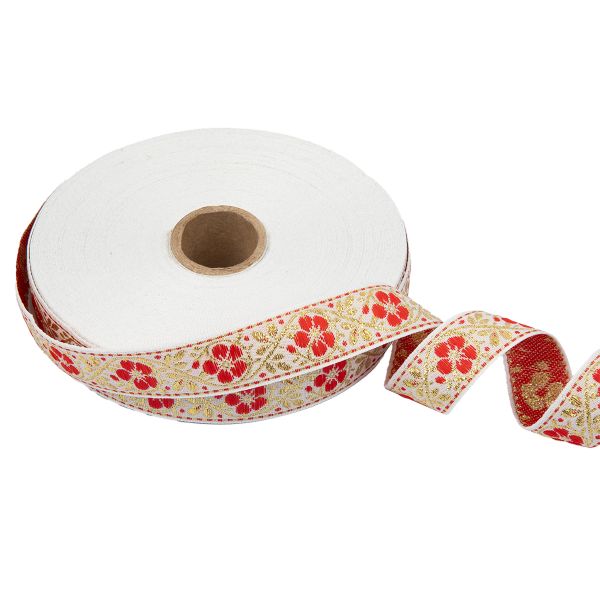 Лента (тесьма) жаккардовая 23.0-25.0 мм / 25 метров, ЦВЕТЫ, белый/под золото, Blitz