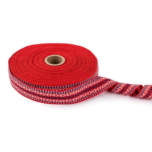 Лента (тесьма) жаккардовая 30.0 мм / 25±1 метров, Орнамент для северных народов, рис 9871 №6 красн/бел/син/черный, Gamma C3881