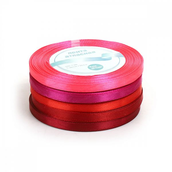 Лента атласная 1-сторонняя 6.0 мм / 5 шт по 22.5±1 метра, набор Оттенки красного, Magic4Hobby