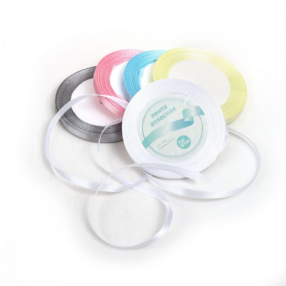 Лента атласная 1-сторонняя 6.0 мм / 5 шт по 22.5±1 метра, набор Пастель1, Magic4Hobby