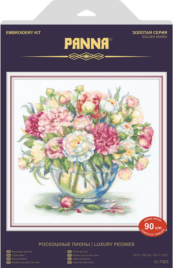 Набор для вышивания нитками Panna, Золотая серия, Роскошные пионы, 33х32 см