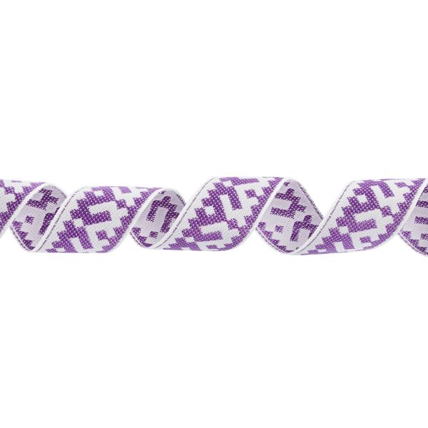 Лента (тесьма) жаккардовая 24.0 мм / 25 метров, Орнамент для северных народов, рис 9674 белый/фиолетовый, Gamma С3772